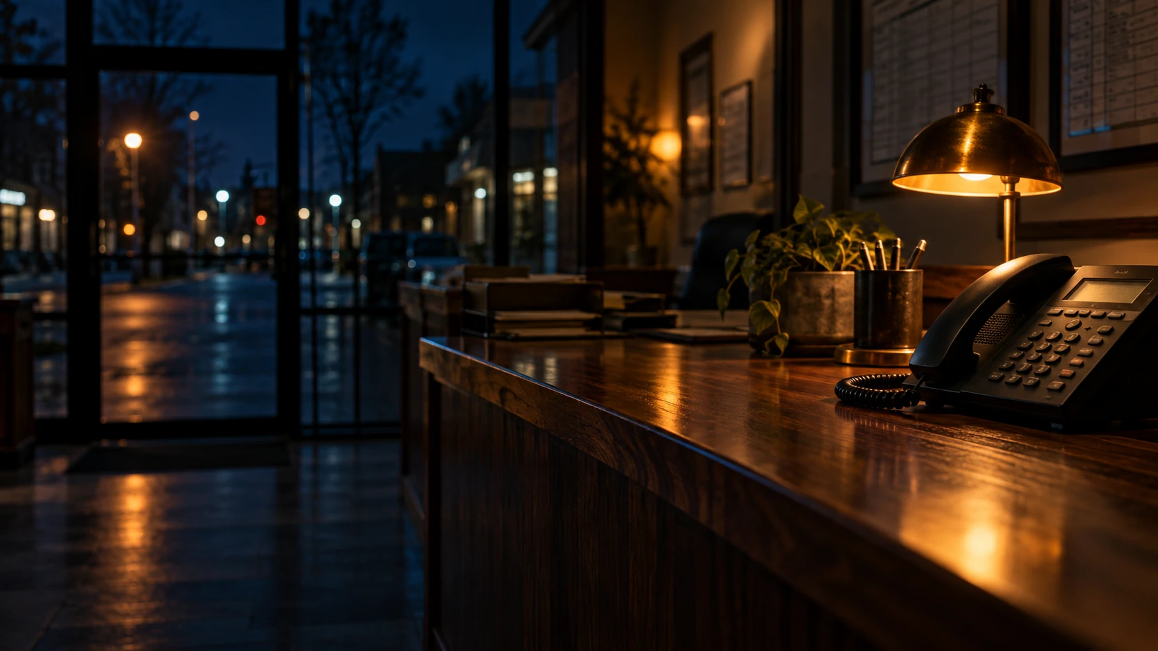 A quiet business reception and telephone after closing